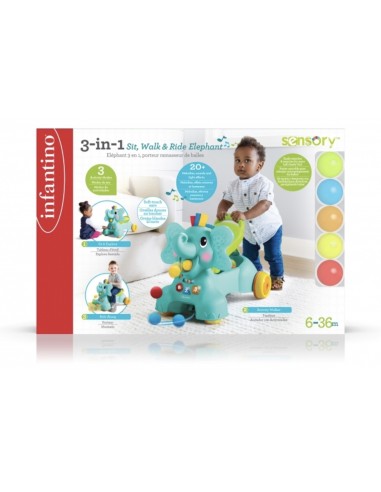 Infantino Sensory – Porteur Éléphant Évolutif 3-en-1 Ramasseur de Balles